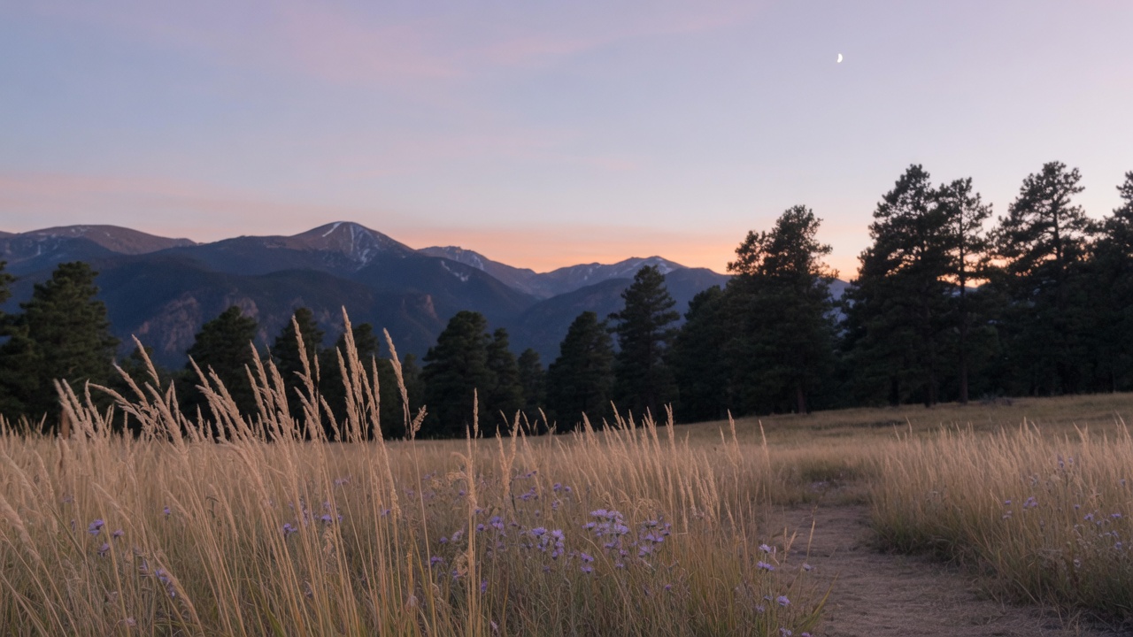 A quiet mountain meadow at dusk